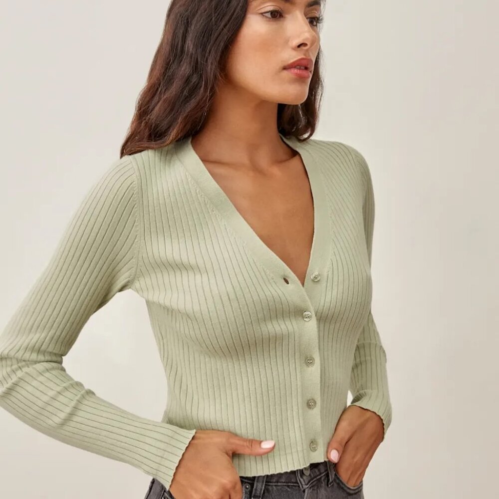 Reformation Light Green Ribbed V-Neck Cardigan (Eucalyptus)